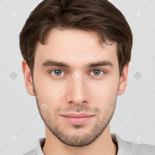 Neutral white young-adult male with short  brown hair and brown eyes