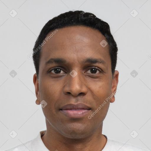 Neutral black young-adult male with short  black hair and brown eyes