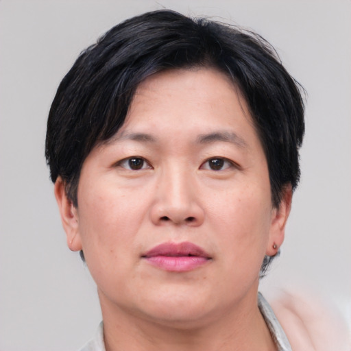 Neutral asian adult female with short  brown hair and brown eyes