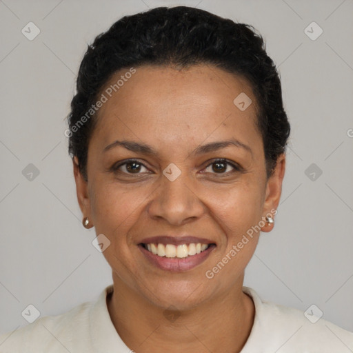 Joyful latino young-adult female with short  black hair and brown eyes