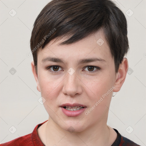 Joyful white young-adult female with short  brown hair and brown eyes