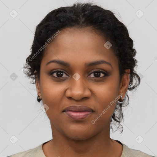 Joyful black young-adult female with medium  black hair and brown eyes