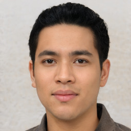 Neutral asian young-adult male with short  black hair and brown eyes