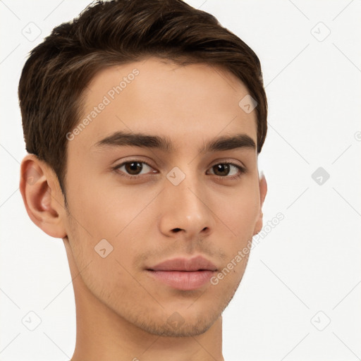 Neutral white young-adult male with short  brown hair and brown eyes