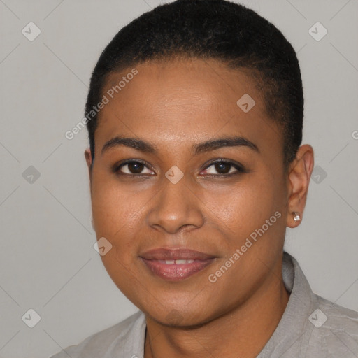 Joyful black young-adult female with short  brown hair and brown eyes