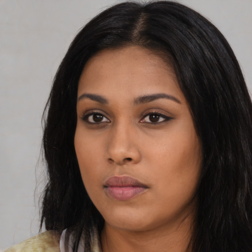 Neutral asian young-adult female with long  black hair and brown eyes