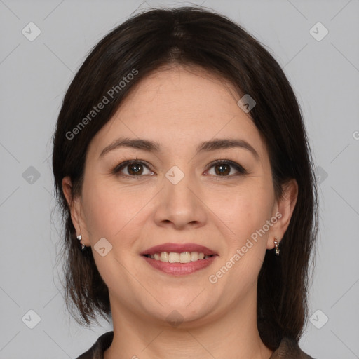 Joyful white young-adult female with medium  brown hair and brown eyes