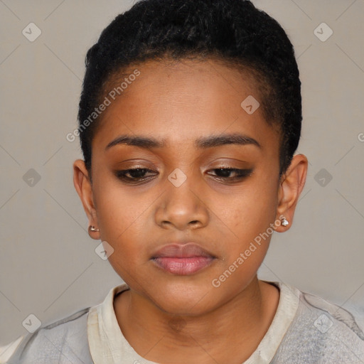 Neutral black young-adult female with short  black hair and brown eyes