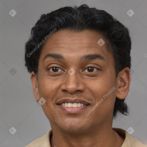 Joyful latino adult female with short  brown hair and brown eyes