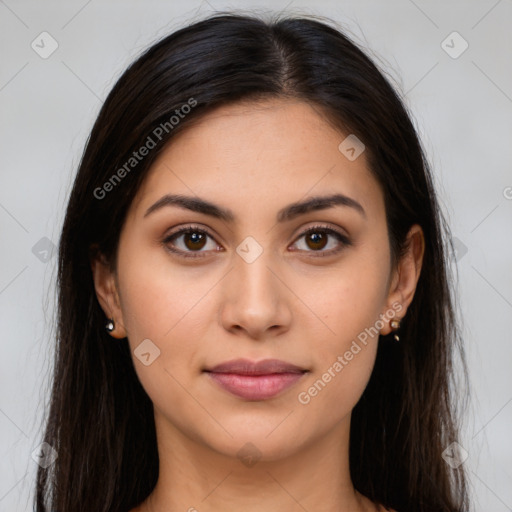 Joyful latino young-adult female with long  brown hair and brown eyes