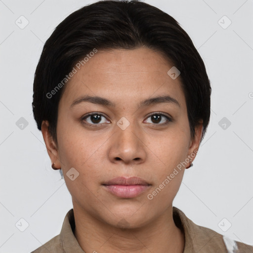 Neutral white young-adult female with short  brown hair and brown eyes