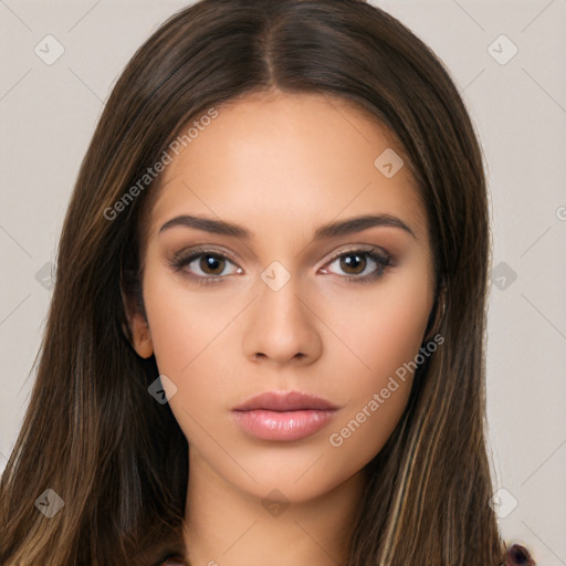 Neutral white young-adult female with long  brown hair and brown eyes