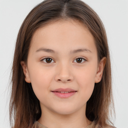 Joyful white child female with long  brown hair and brown eyes