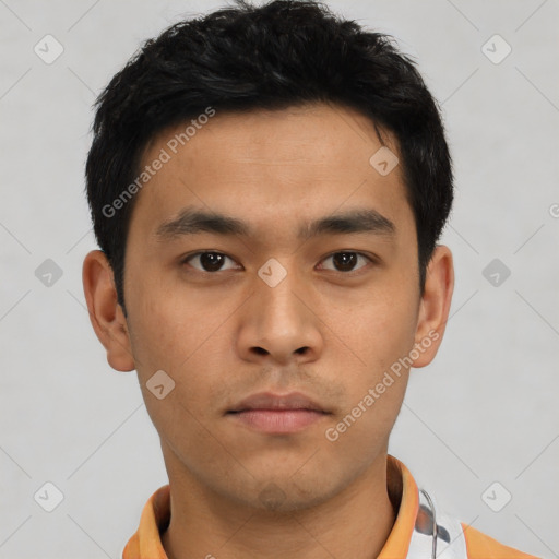 Neutral asian young-adult male with short  black hair and brown eyes