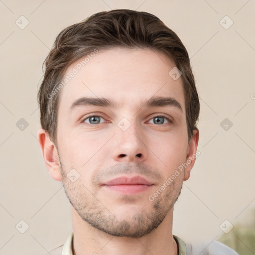 Neutral white young-adult male with short  brown hair and grey eyes