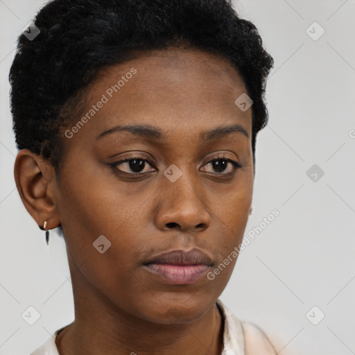 Neutral black young-adult female with short  brown hair and brown eyes