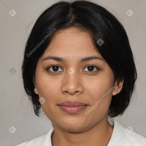 Joyful latino young-adult female with medium  black hair and brown eyes