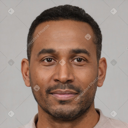 Neutral latino young-adult male with short  black hair and brown eyes