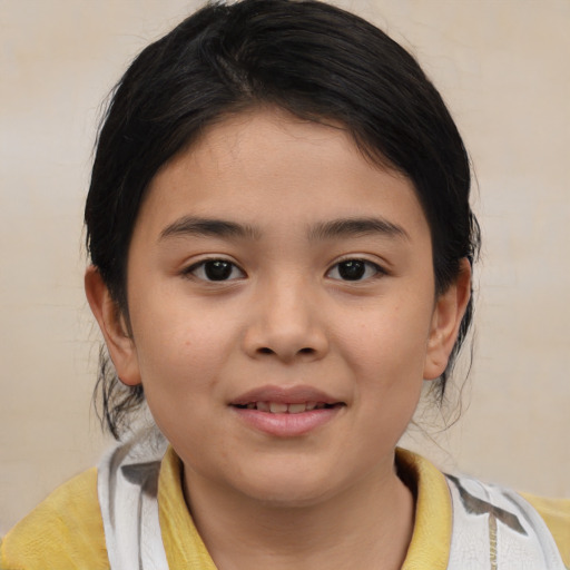 Joyful asian child female with medium  brown hair and brown eyes