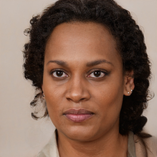 Neutral black young-adult female with medium  brown hair and brown eyes