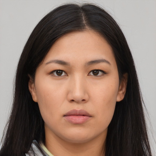 Neutral asian young-adult female with long  black hair and brown eyes
