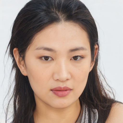 Neutral asian young-adult female with long  brown hair and brown eyes