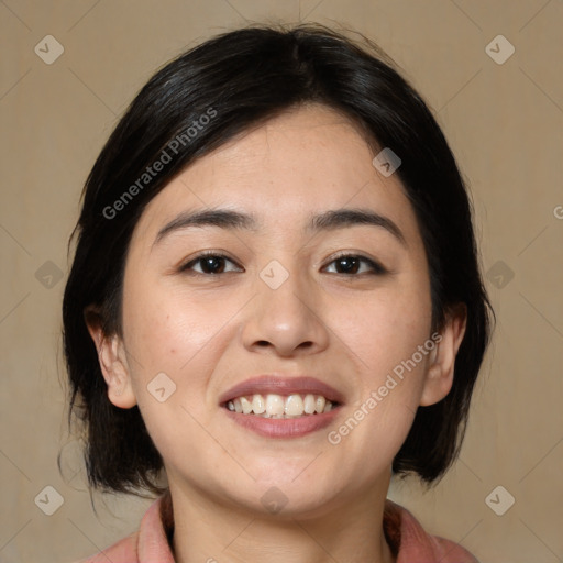 Joyful white young-adult female with medium  brown hair and brown eyes