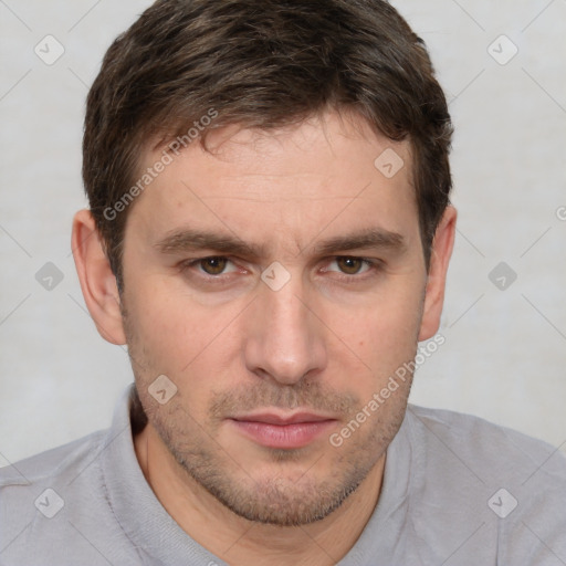 Neutral white young-adult male with short  brown hair and brown eyes