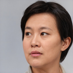Neutral asian young-adult female with medium  brown hair and brown eyes