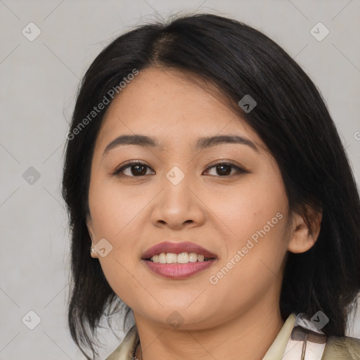 Joyful asian young-adult female with medium  brown hair and brown eyes