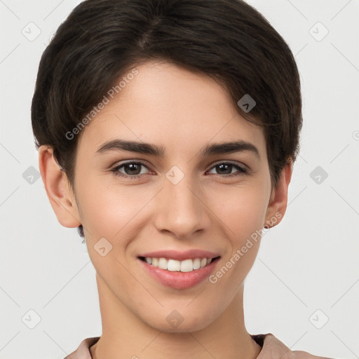 Joyful white young-adult female with short  brown hair and brown eyes