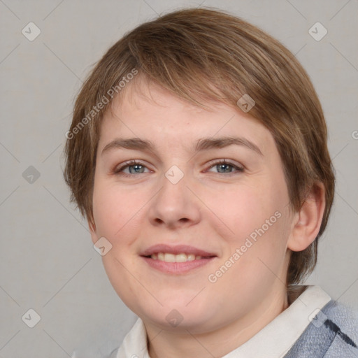 Joyful white young-adult female with medium  brown hair and blue eyes