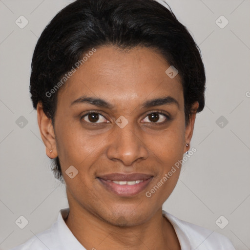 Joyful latino young-adult female with short  brown hair and brown eyes