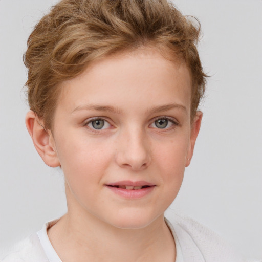 Joyful white child female with short  brown hair and grey eyes