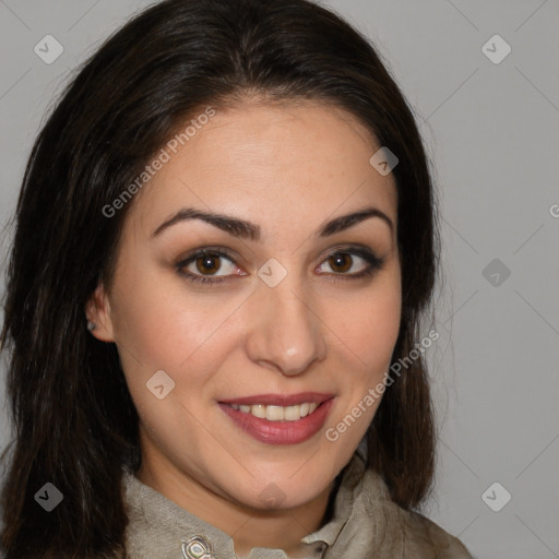 Joyful white young-adult female with medium  brown hair and brown eyes