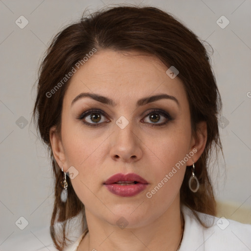 Neutral white young-adult female with medium  brown hair and brown eyes