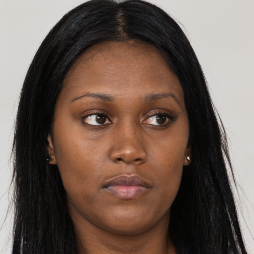 Neutral asian young-adult female with long  black hair and brown eyes