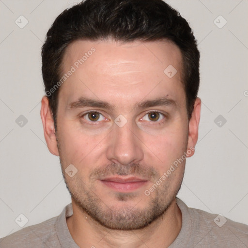 Neutral white young-adult male with short  brown hair and brown eyes