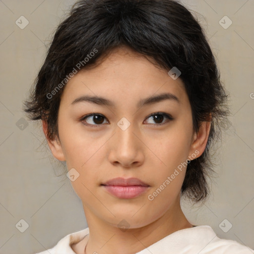 Neutral asian young-adult female with medium  brown hair and brown eyes