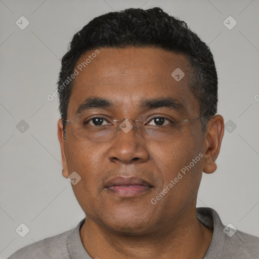 Neutral black adult male with short  black hair and brown eyes
