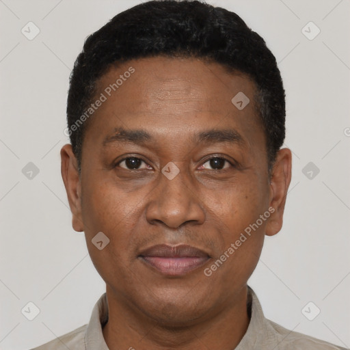 Joyful latino adult male with short  black hair and brown eyes