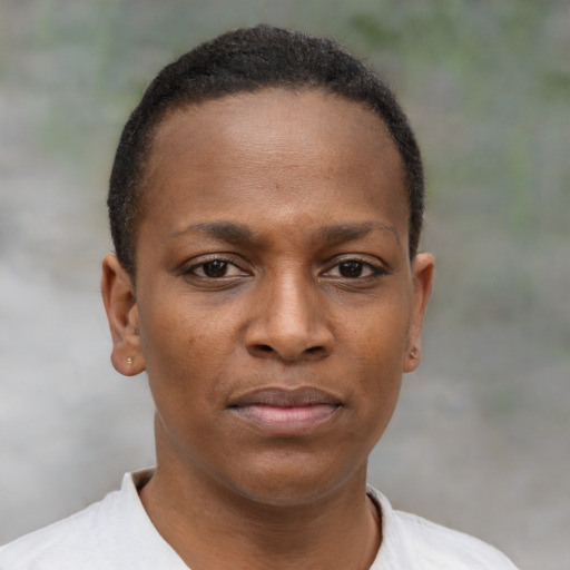 Neutral black young-adult female with short  brown hair and brown eyes