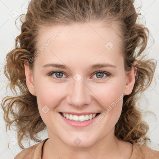 Joyful white young-adult female with medium  brown hair and blue eyes