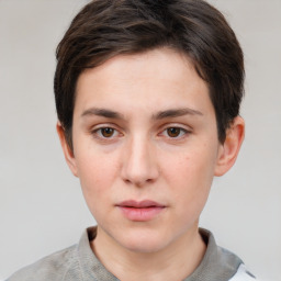 Neutral white young-adult female with short  brown hair and brown eyes