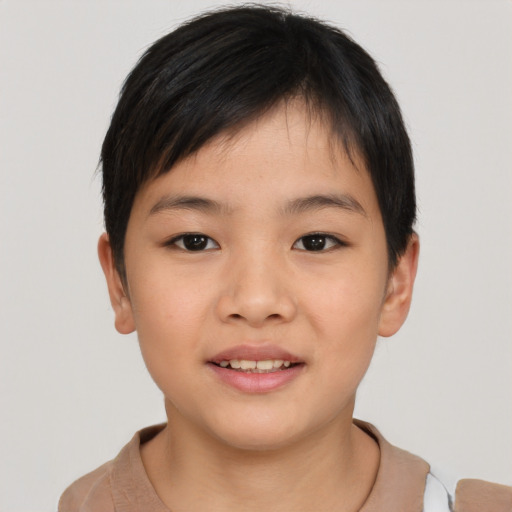 Joyful asian child male with short  brown hair and brown eyes
