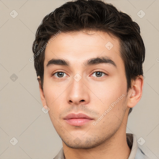 Neutral white young-adult male with short  brown hair and brown eyes