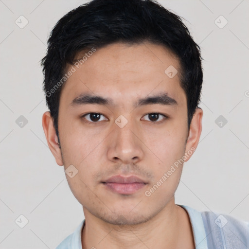 Neutral asian young-adult male with short  black hair and brown eyes