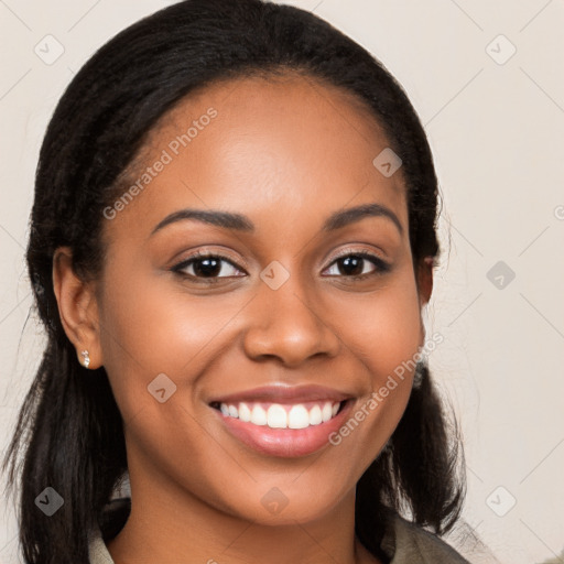 Joyful latino young-adult female with long  brown hair and brown eyes