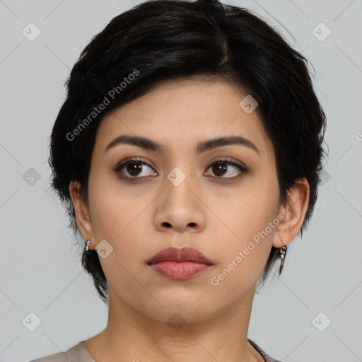 Neutral asian young-adult female with medium  black hair and brown eyes