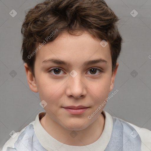 Joyful white child female with short  brown hair and brown eyes